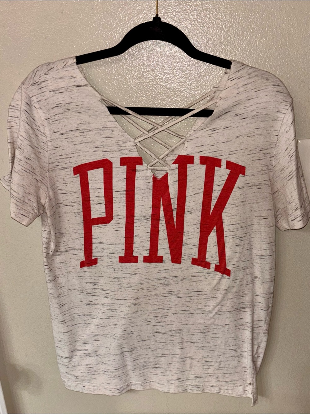 PINK Victoria's Secret White Heather Lace-Up V-Neck Tee with Red Logo